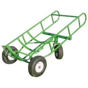 Green metal garden cart with four wheels.