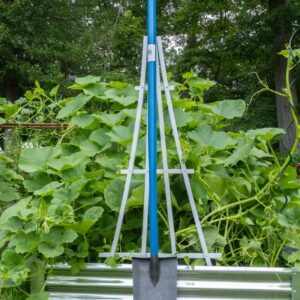 Garden shovel with blue handle and greenery.
