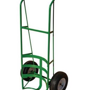 Green hand truck with two wheels.
