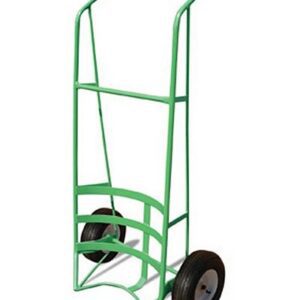 Green hand truck with two black wheels.