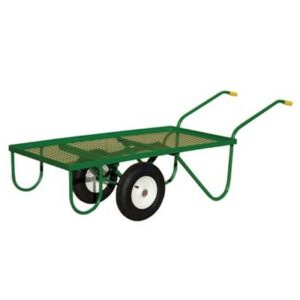 Green flatbed hand cart with two wheels.
