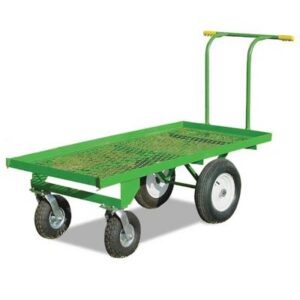 Green flatbed garden cart with four wheels.