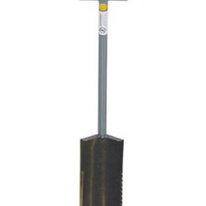 Gray T-handle spade with serrated edge.