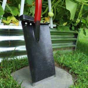 Garden tool next to green leafy plants.