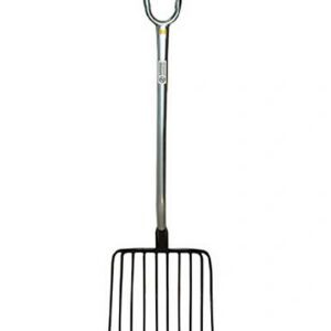 Pitchfork with metal handle and black tines.