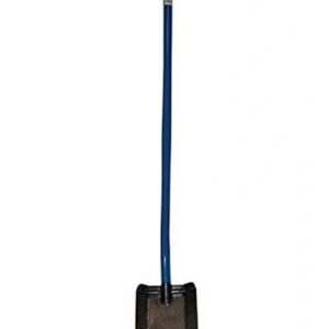 Blue-handled shovel with a flat blade.