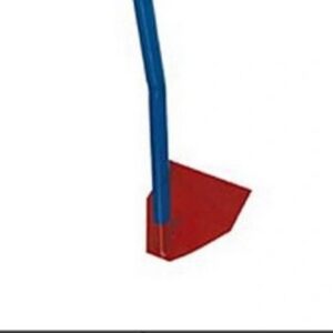 Red and blue garden hoe on white.