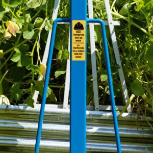 Blue garden support structure with safety sign.
