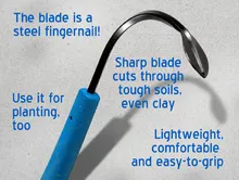 Blue-handled curved garden soil knife