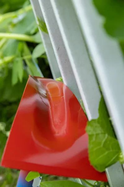Red plastic scraper wedged against white fence
