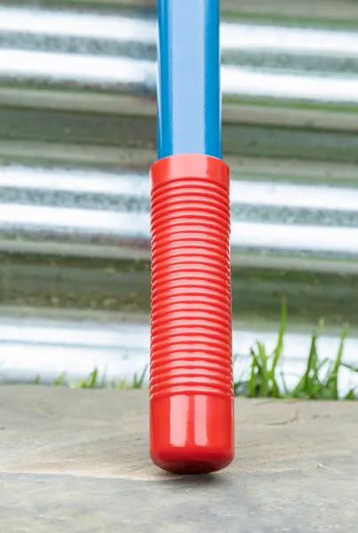 Red ribbed handle on blue pole