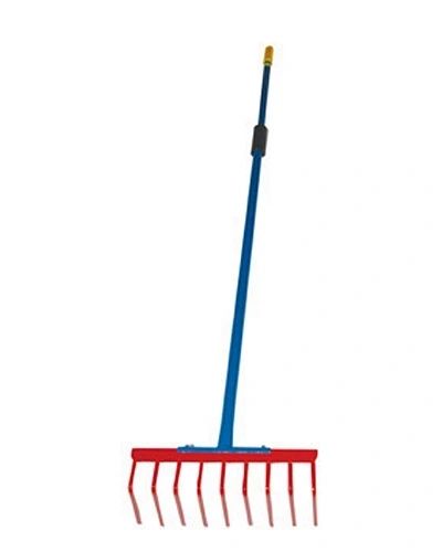 Blue-handled red metal garden rake