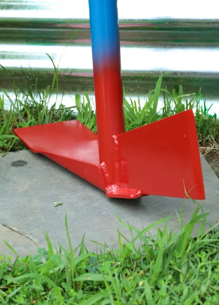 Red garden hoe blade with blue handle