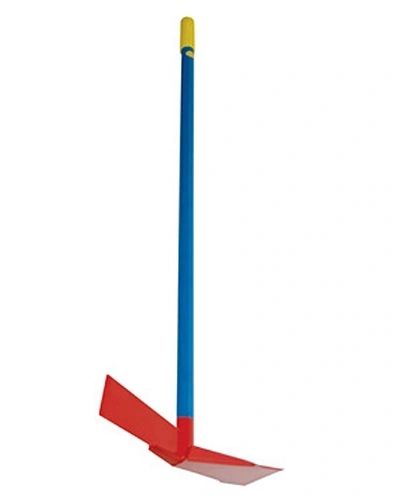 Blue handled garden hoe with red blade