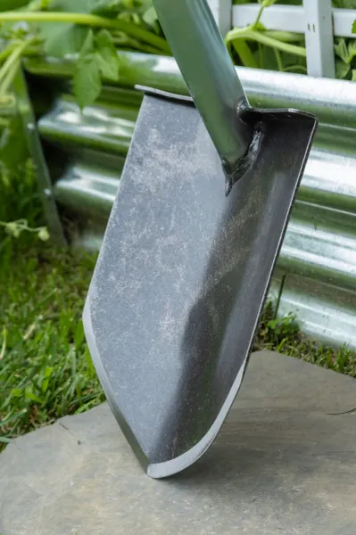 Close-up of shovel blade in garden