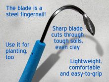 Blue-handled curved steel garden weeder