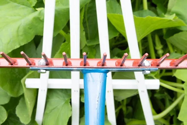 Close-up of rake tines on green leaves