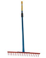 Blue-handled garden rake with red tines