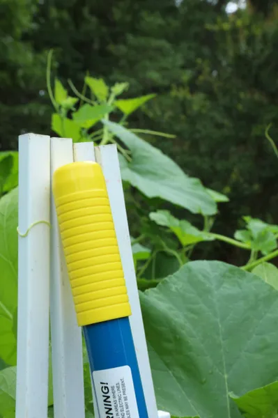 Blue pole with yellow grip against green foliage