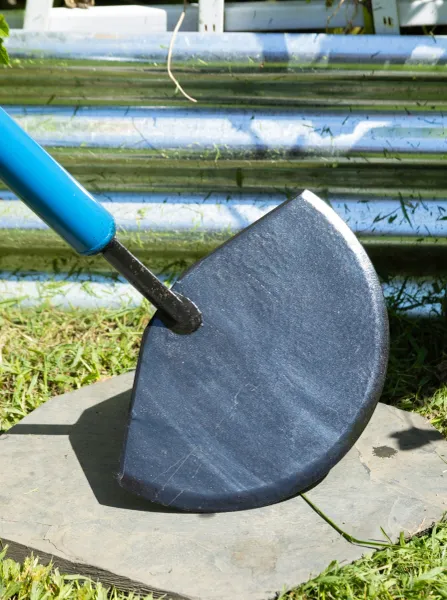 Half-moon garden hoe with blue handle