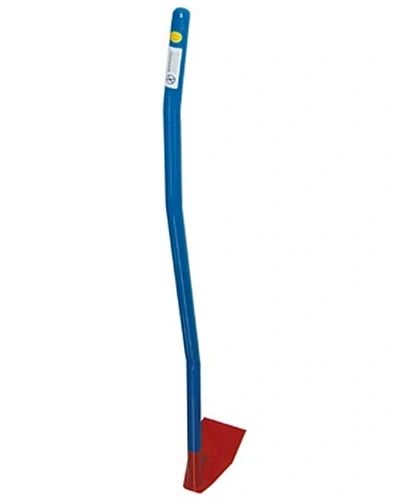 Blue long-handled hoe with red blade
